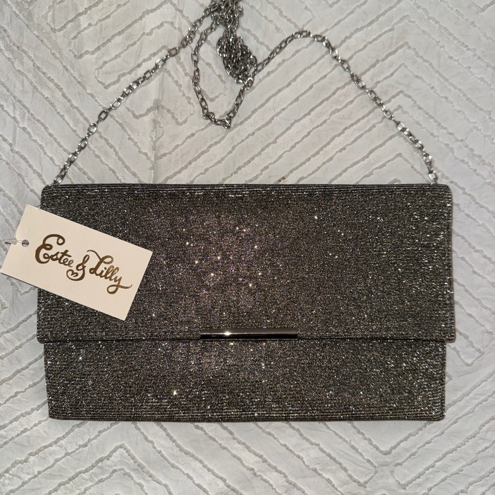 Sparkle Gunmetal Clutch with Chain Strap